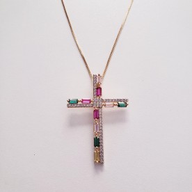 Colar Crucifixo Zirconias Coloridas 